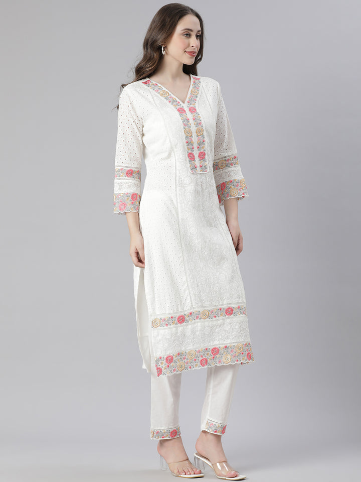 Neerus white Embroidered Straight Kurta and Trousers With Dupatta