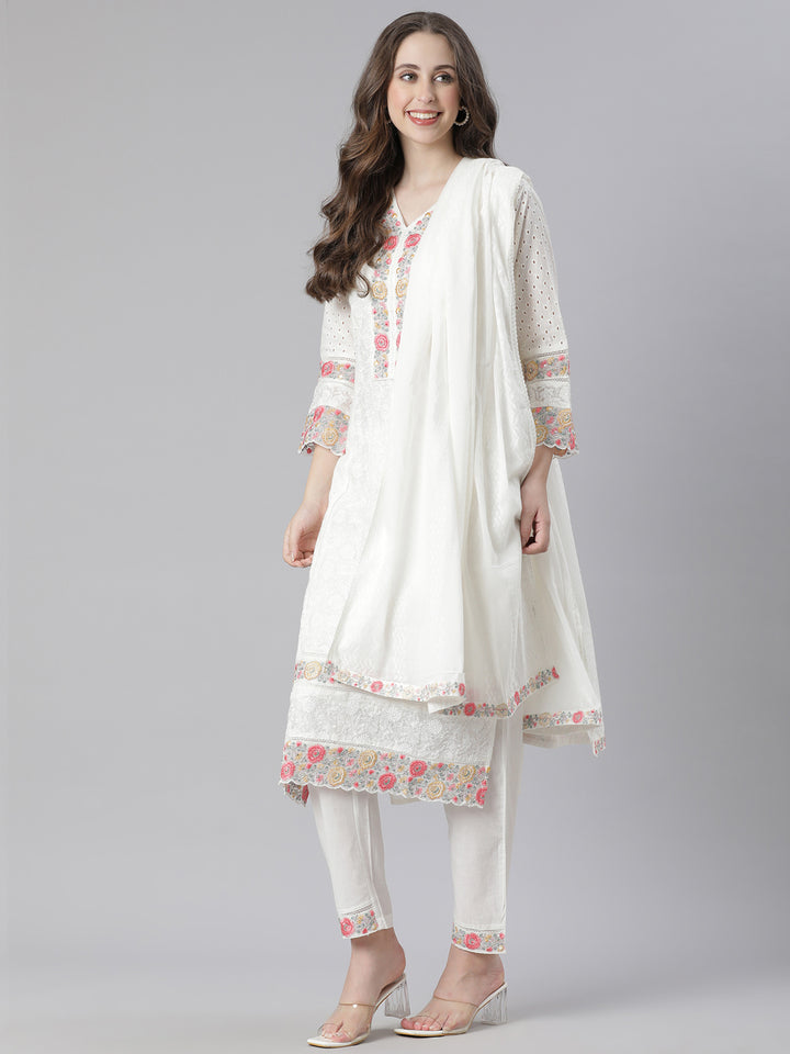Neerus white Embroidered Straight Kurta and Trousers With Dupatta