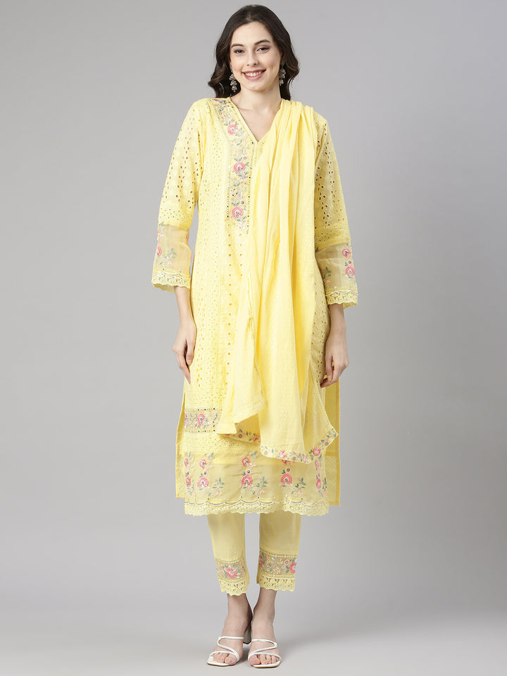 Neerus Yellow Solid Straight Kurta and Trousers With Dupatta