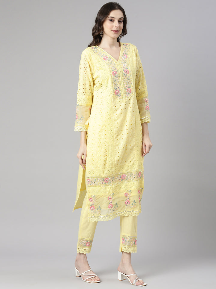 Neerus Yellow Solid Straight Kurta and Trousers With Dupatta
