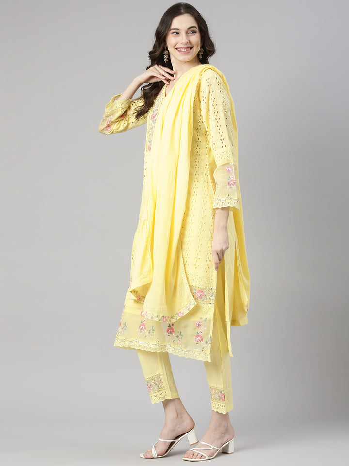 Neerus Yellow Solid Straight Kurta and Trousers With Dupatta