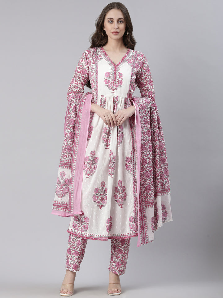 Neerus Pink Printed Straight Kurta and Trousers With Dupatta