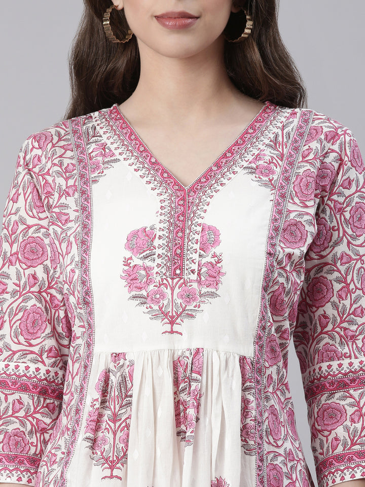 Neerus Pink Printed Straight Kurta and Trousers With Dupatta