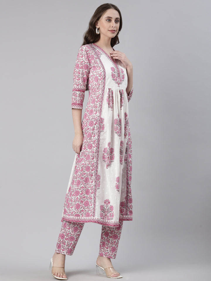 Neerus Pink Printed Straight Kurta and Trousers With Dupatta