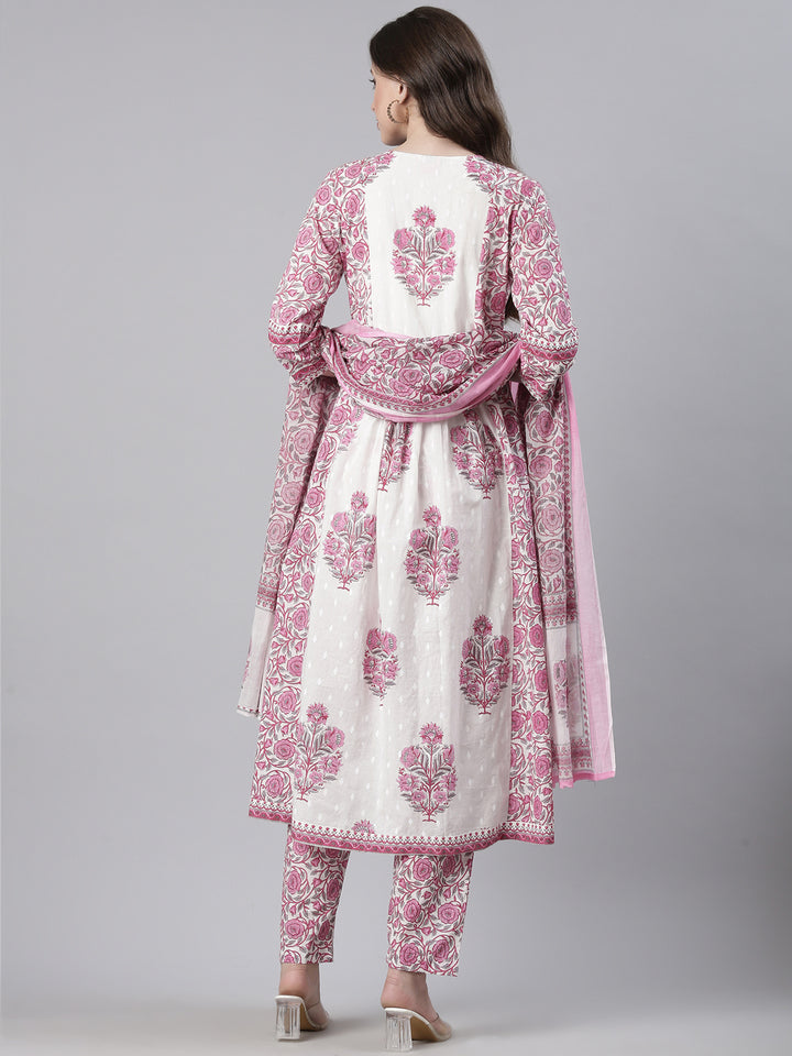 Neerus Pink Printed Straight Kurta and Trousers With Dupatta