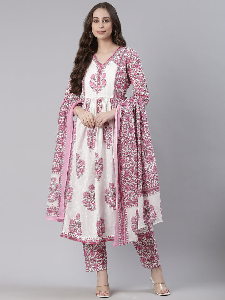 Neerus Pink Printed Straight Kurta and Trousers With Dupatta