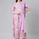 Neerus Lavender Embroidered Anarkali Kurta and Trousers With Dupatta