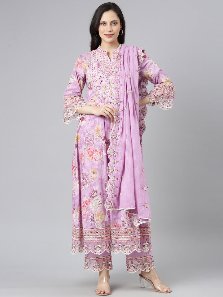 Neerus Lavender Embroidered Anarkali Kurta and Trousers With Dupatta