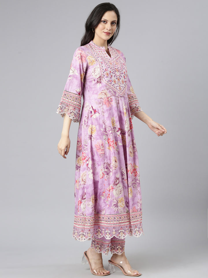 Neerus Lavender Embroidered Anarkali Kurta and Trousers With Dupatta