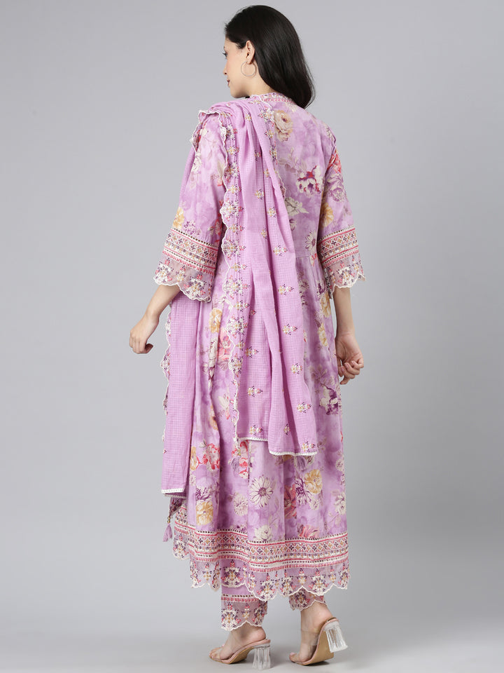 Neerus Lavender Embroidered Anarkali Kurta and Trousers With Dupatta