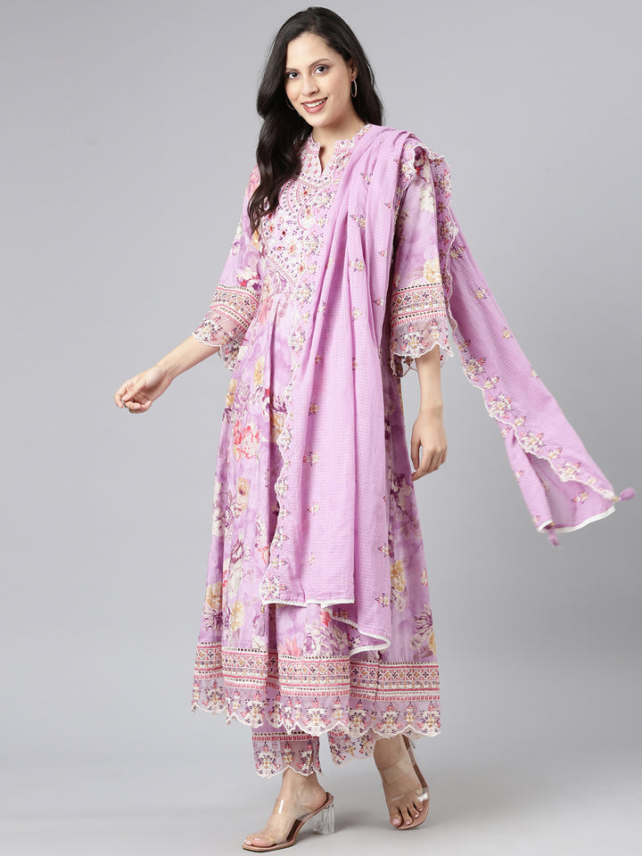 Neerus Lavender Embroidered Anarkali Kurta and Trousers With Dupatta