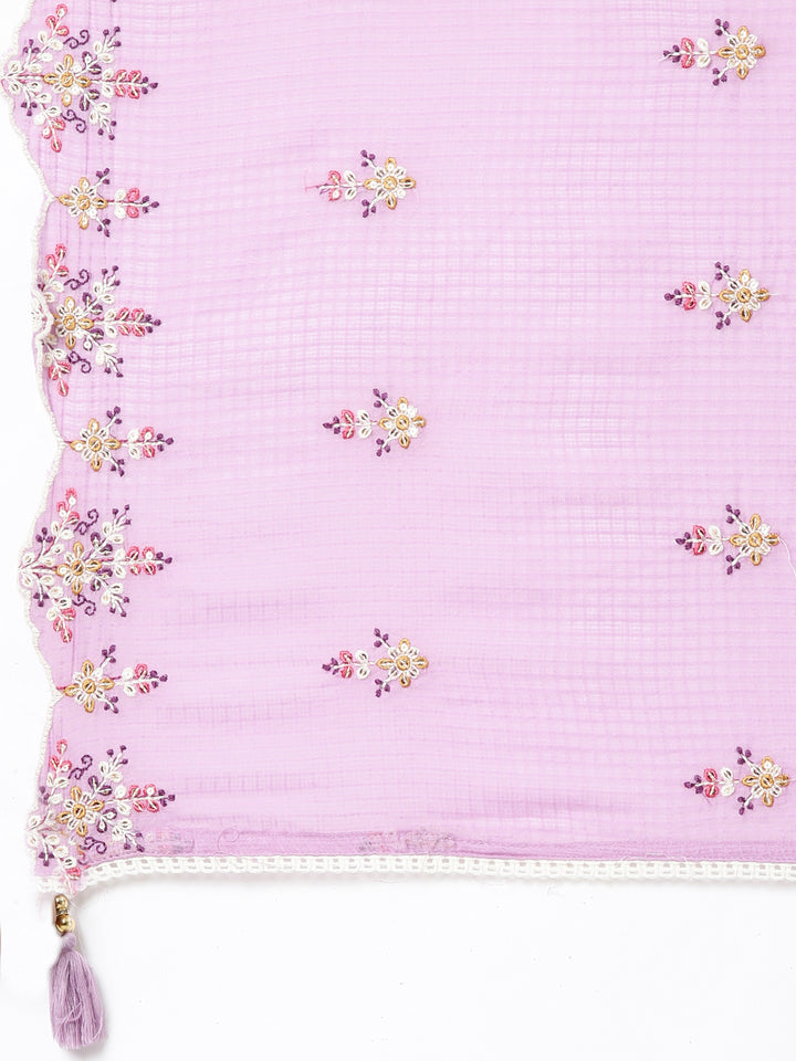 Neerus Lavender Embroidered Anarkali Kurta and Trousers With Dupatta