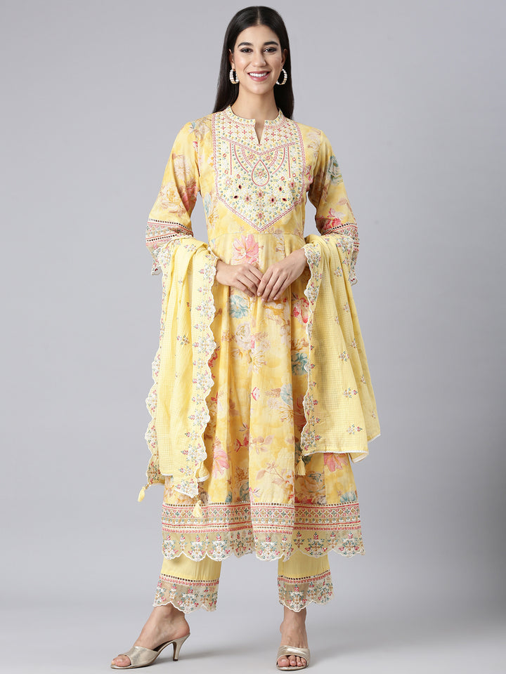 Neerus Yellow Embroidered Anarkali Kurta and Trousers With Dupatta