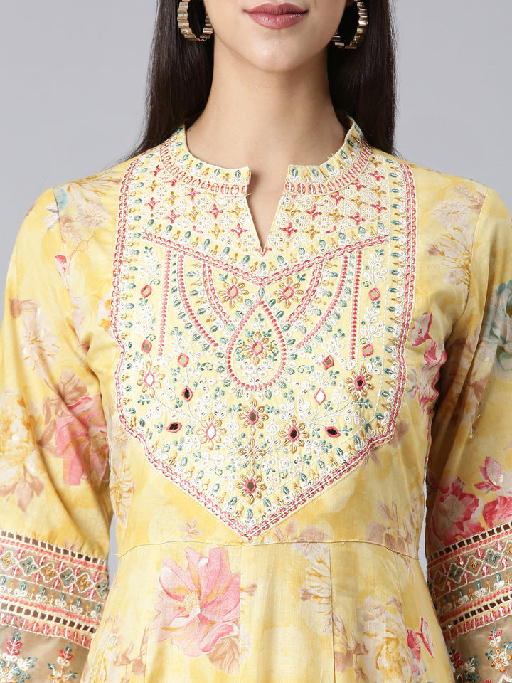 Neerus Yellow Embroidered Anarkali Kurta and Trousers With Dupatta