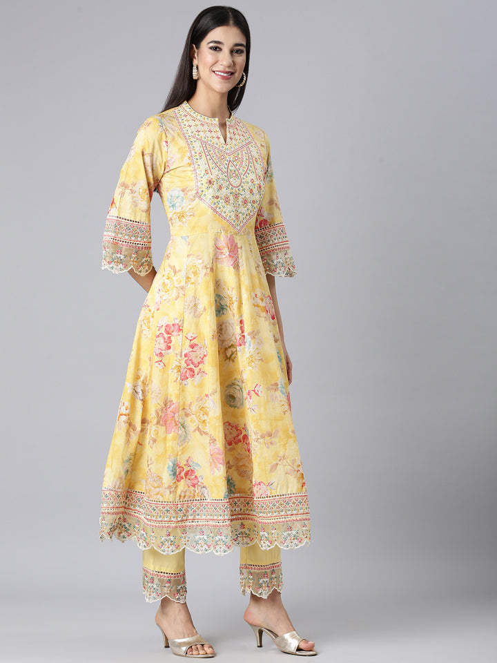 Neerus Yellow Embroidered Anarkali Kurta and Trousers With Dupatta