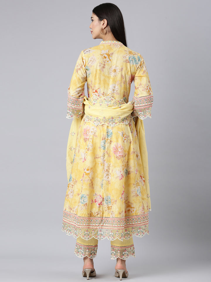 Neerus Yellow Embroidered Anarkali Kurta and Trousers With Dupatta
