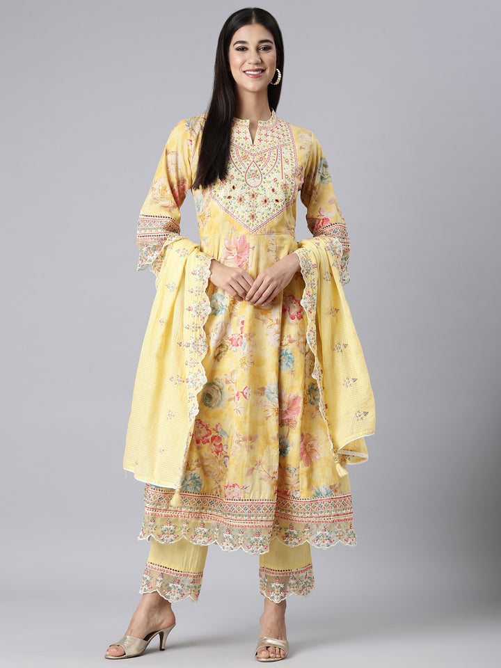 Neerus Yellow Embroidered Anarkali Kurta and Trousers With Dupatta