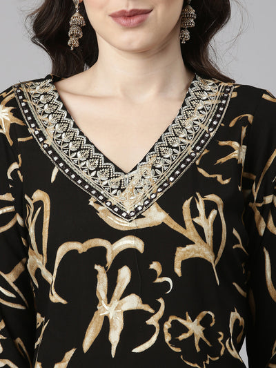 Neerus Black Printed Straight Kurta and Trousers With Dupatta