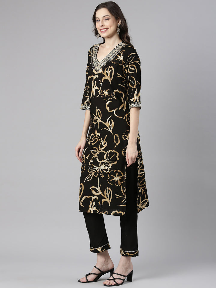 Neerus Black Printed Straight Kurta and Trousers With Dupatta