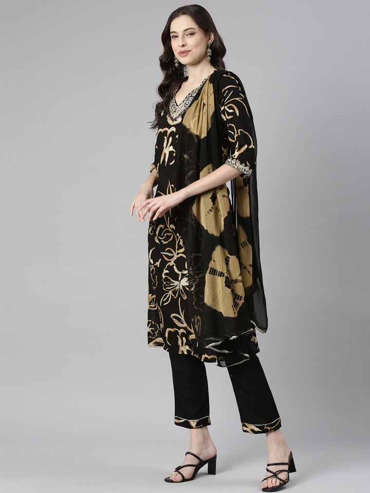 Neerus Black Printed Straight Kurta and Trousers With Dupatta