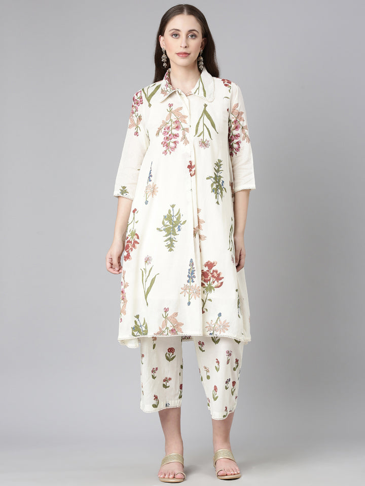 Neerus Cream Printed Straight Kurta and Trousers