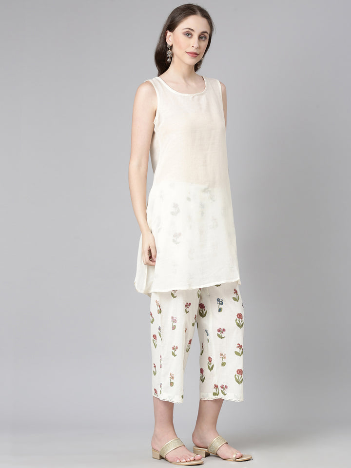 Neerus Cream Printed Straight Kurta and Trousers