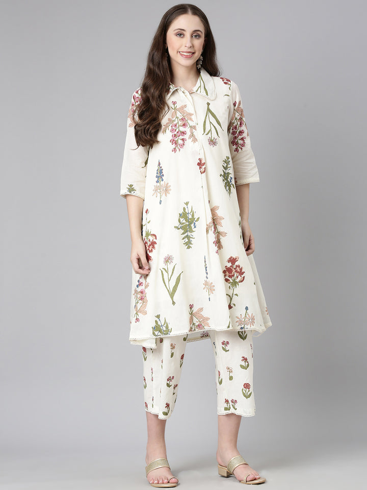 Neerus Cream Printed Straight Kurta and Trousers