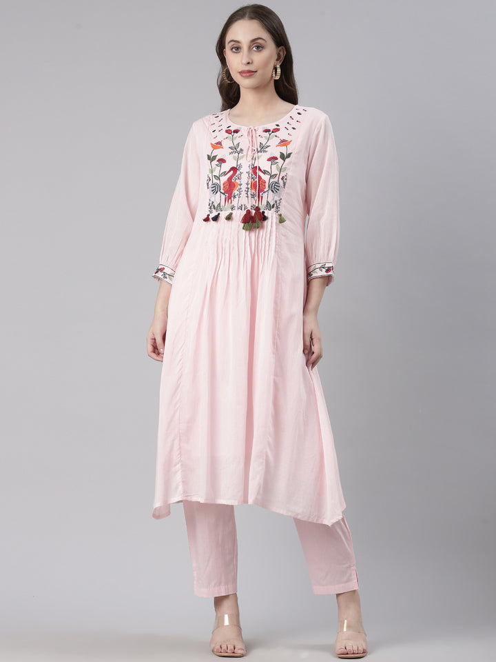 Neerus Pink Solid Straight Kurta and Trousers