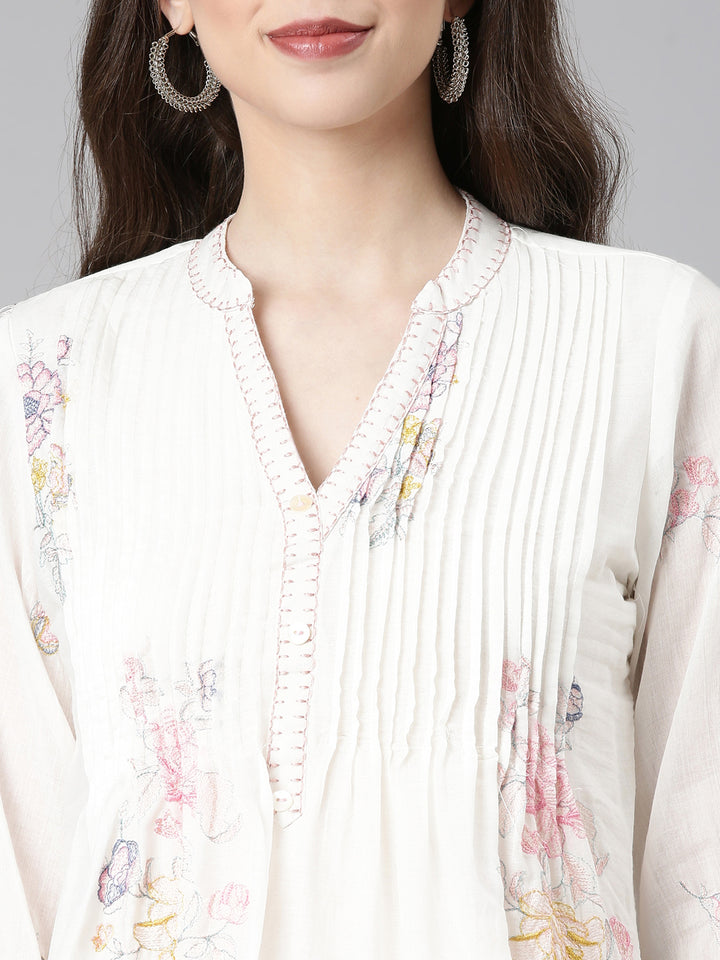 Neerus White Printed A-Line Kurta and Trousers