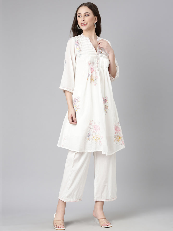 Neerus White Printed A-Line Kurta and Trousers