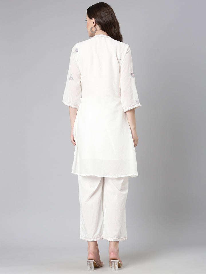 Neerus White Printed A-Line Kurta and Trousers