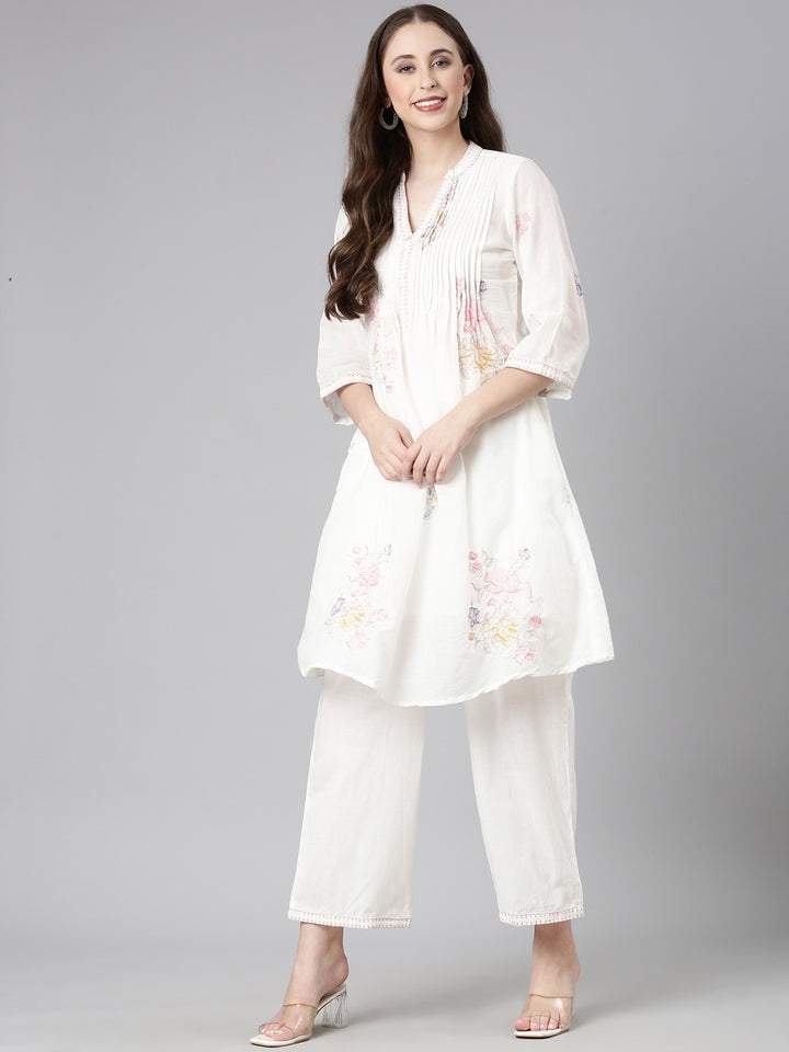Neerus White Printed A-Line Kurta and Trousers