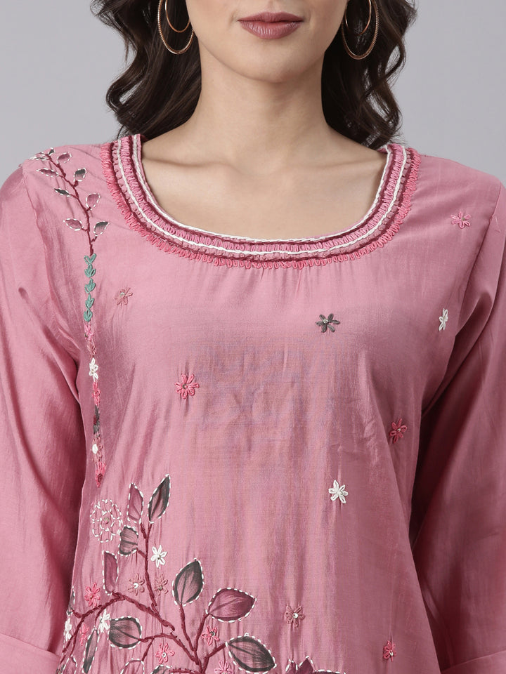 Onion Pink Silk Print With Embroidery Three Piece Set