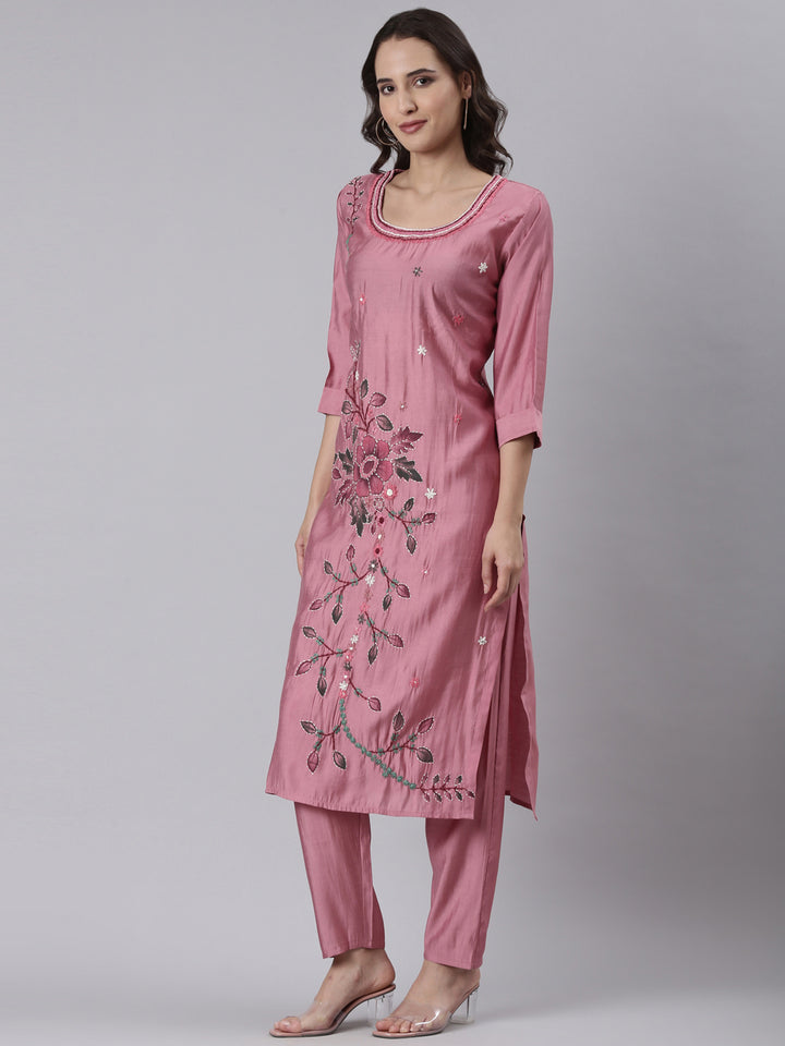 Onion Pink Silk Print With Embroidery Three Piece Set