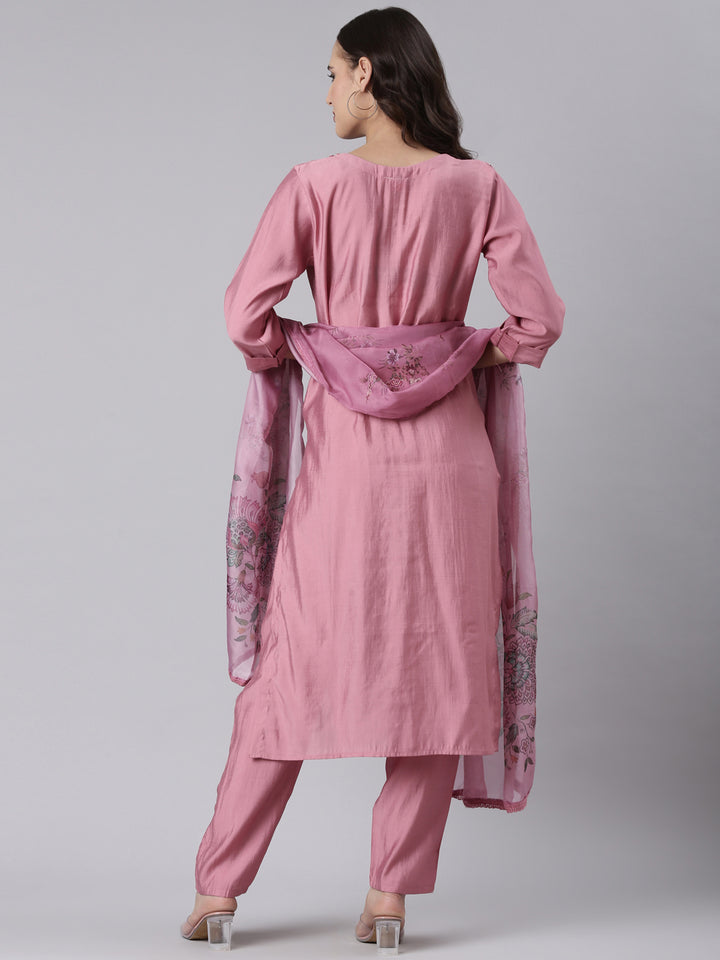 Onion Pink Silk Print With Embroidery Three Piece Set