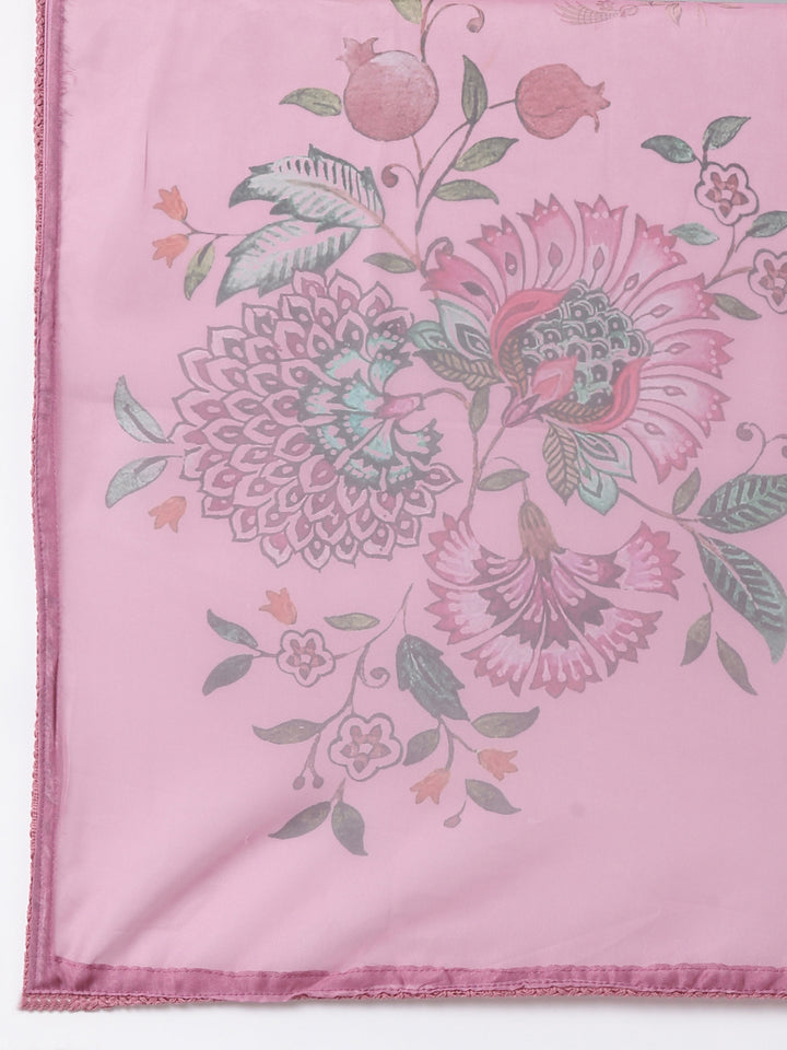 Onion Pink Silk Print With Embroidery Three Piece Set