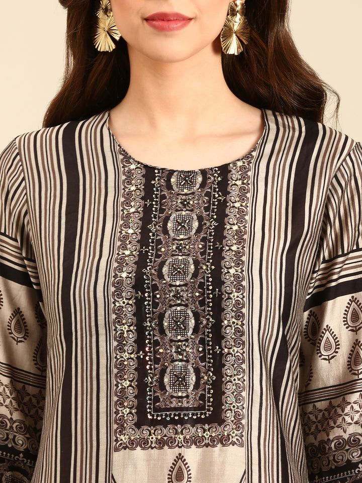 Beige and black printed embroidered three piece suit set