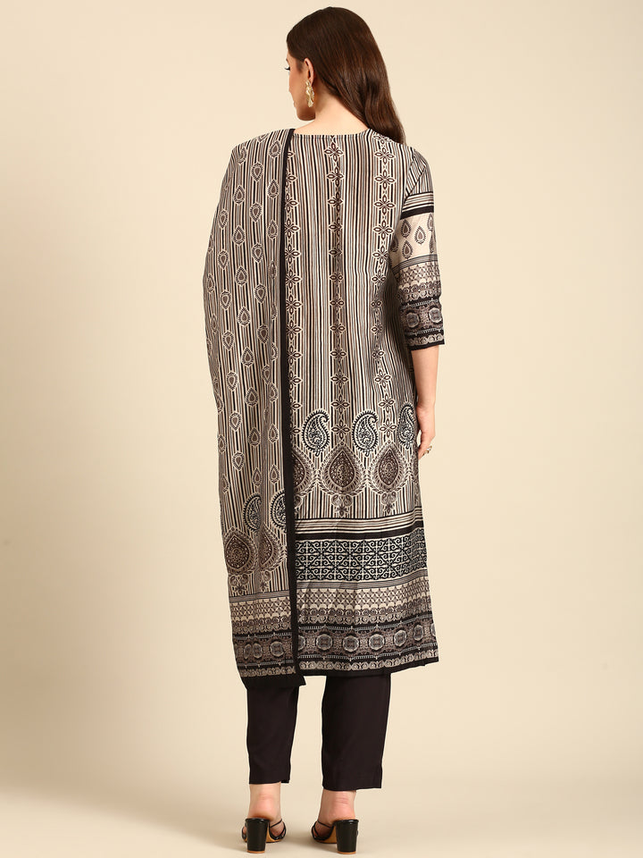 Beige and black printed embroidered three piece suit set