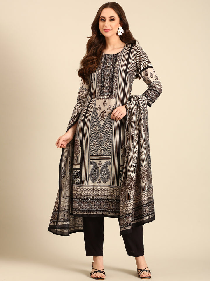 Beige and black printed embroidered three piece suit set