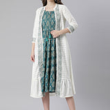 Neerus White Anarkali Casual Printed Kurta With Jacket