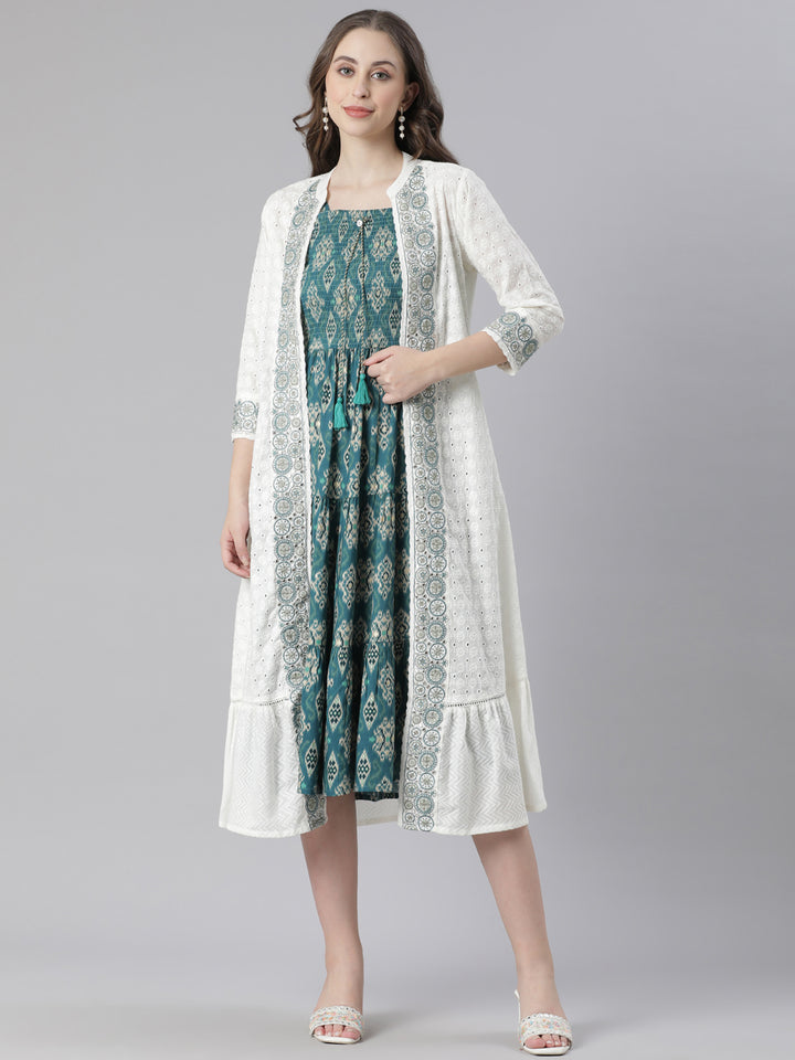 Neerus White Anarkali Casual Printed Kurta With Jacket
