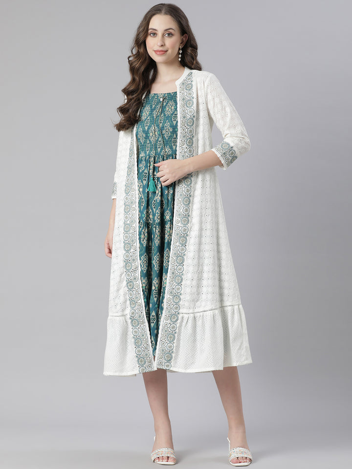 Neerus White Anarkali Casual Printed Kurta With Jacket