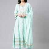 Neerus Sea Green Yoke Design Anarkali Kurta and Trousers With Dupatta
