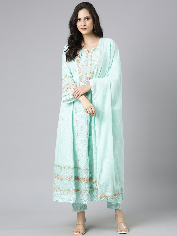 Neerus Sea Green Yoke Design Anarkali Kurta and Trousers With Dupatta