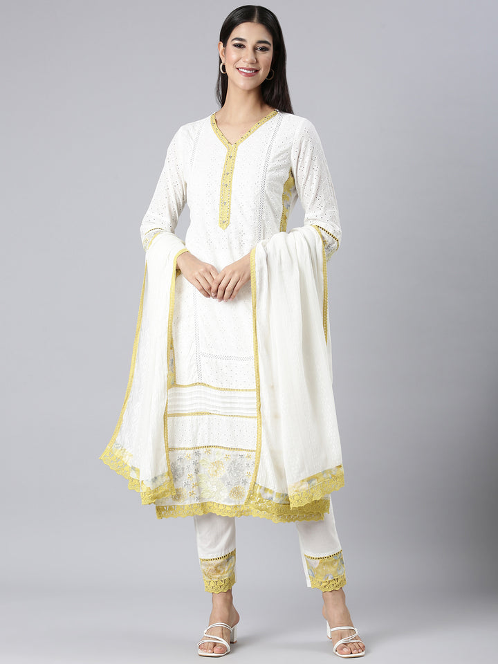 Neerus White Solid Straight Kurta and Trousers With Dupatta