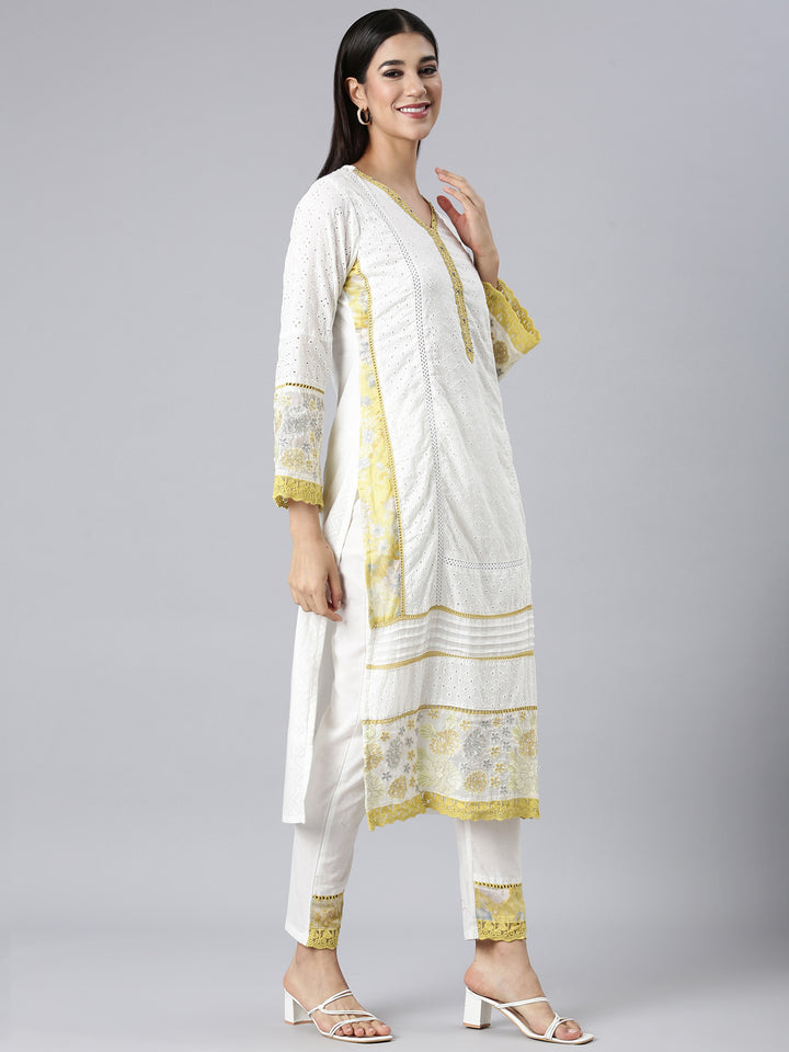 Neerus White Solid Straight Kurta and Trousers With Dupatta