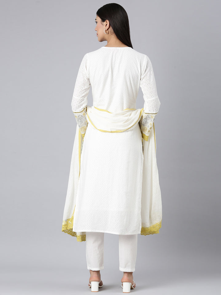 Neerus White Solid Straight Kurta and Trousers With Dupatta