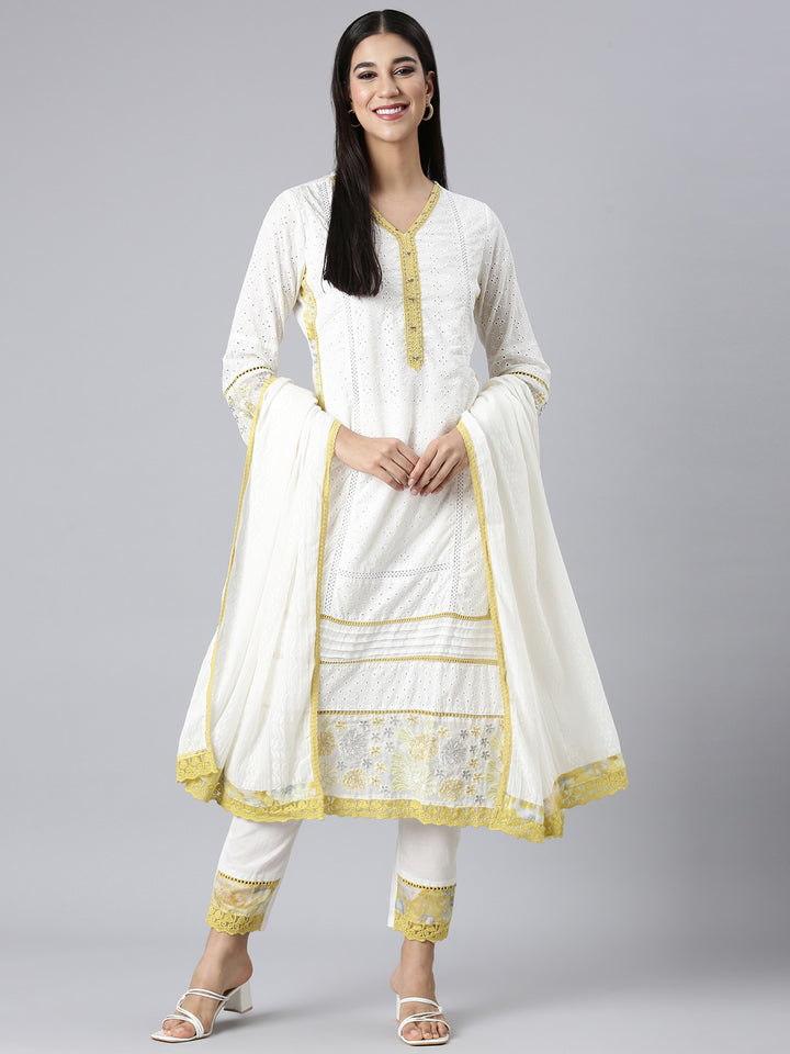 Neerus White Solid Straight Kurta and Trousers With Dupatta