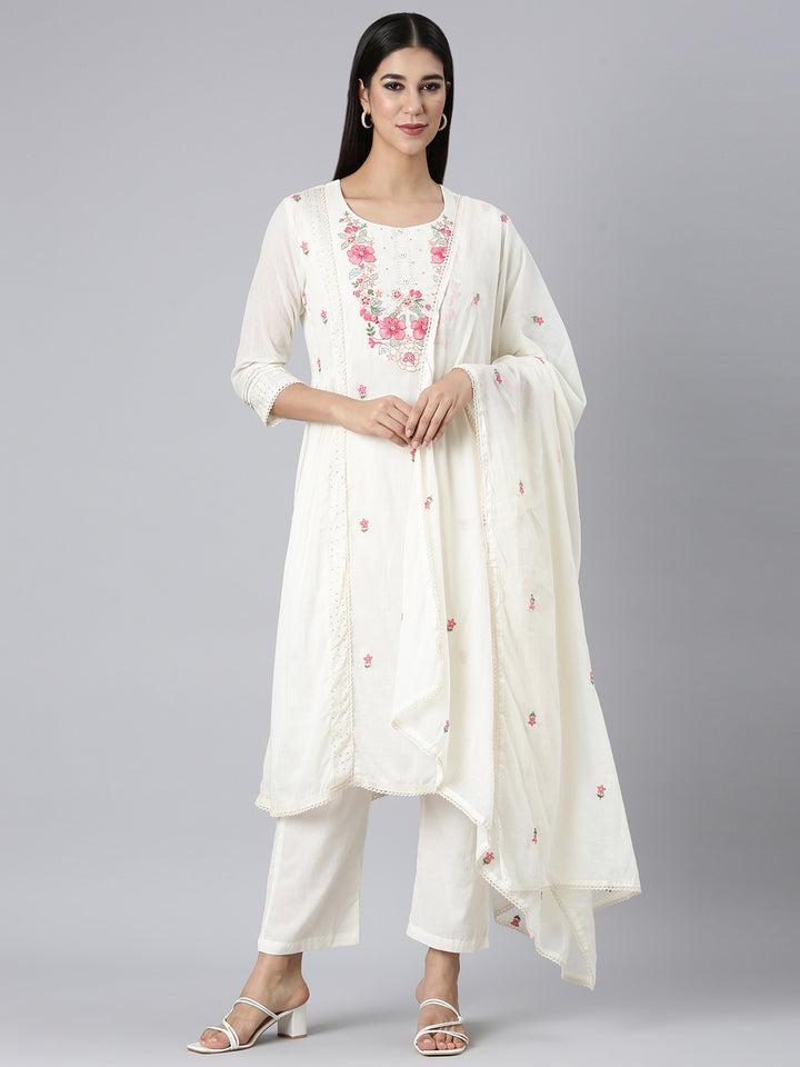 Neerus Off White Solid Curved Kurta and Trousers With Dupatta