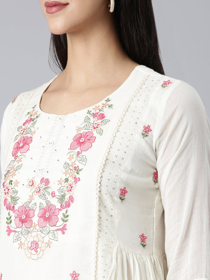 Neerus Off White Solid Curved Kurta and Trousers With Dupatta